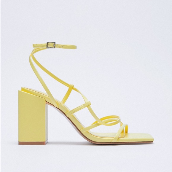 Zara Yellow Heeled Square Toe Ankle Strap Sandals - Picture 2 of 3